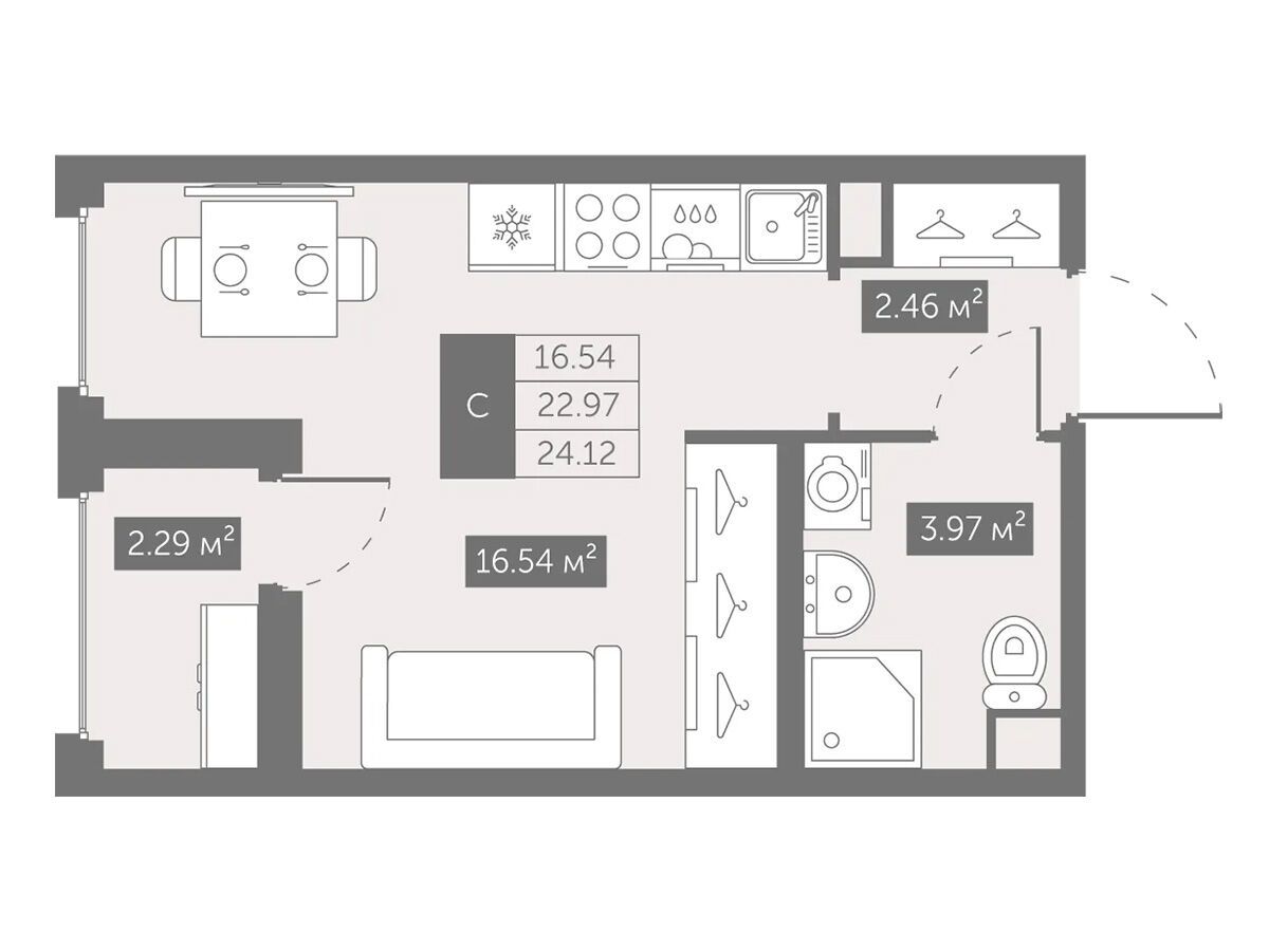 Планировка: Студия 24.12 м² в новостройке Новый Московский