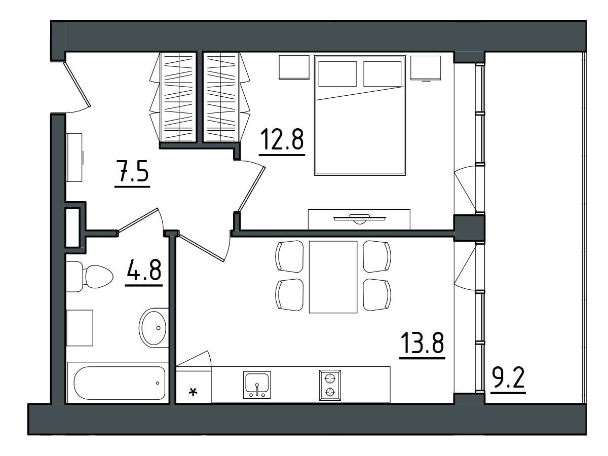 Планировка: 1-комн. квартира 48.20 м² в новостройке Морская Ривьера
