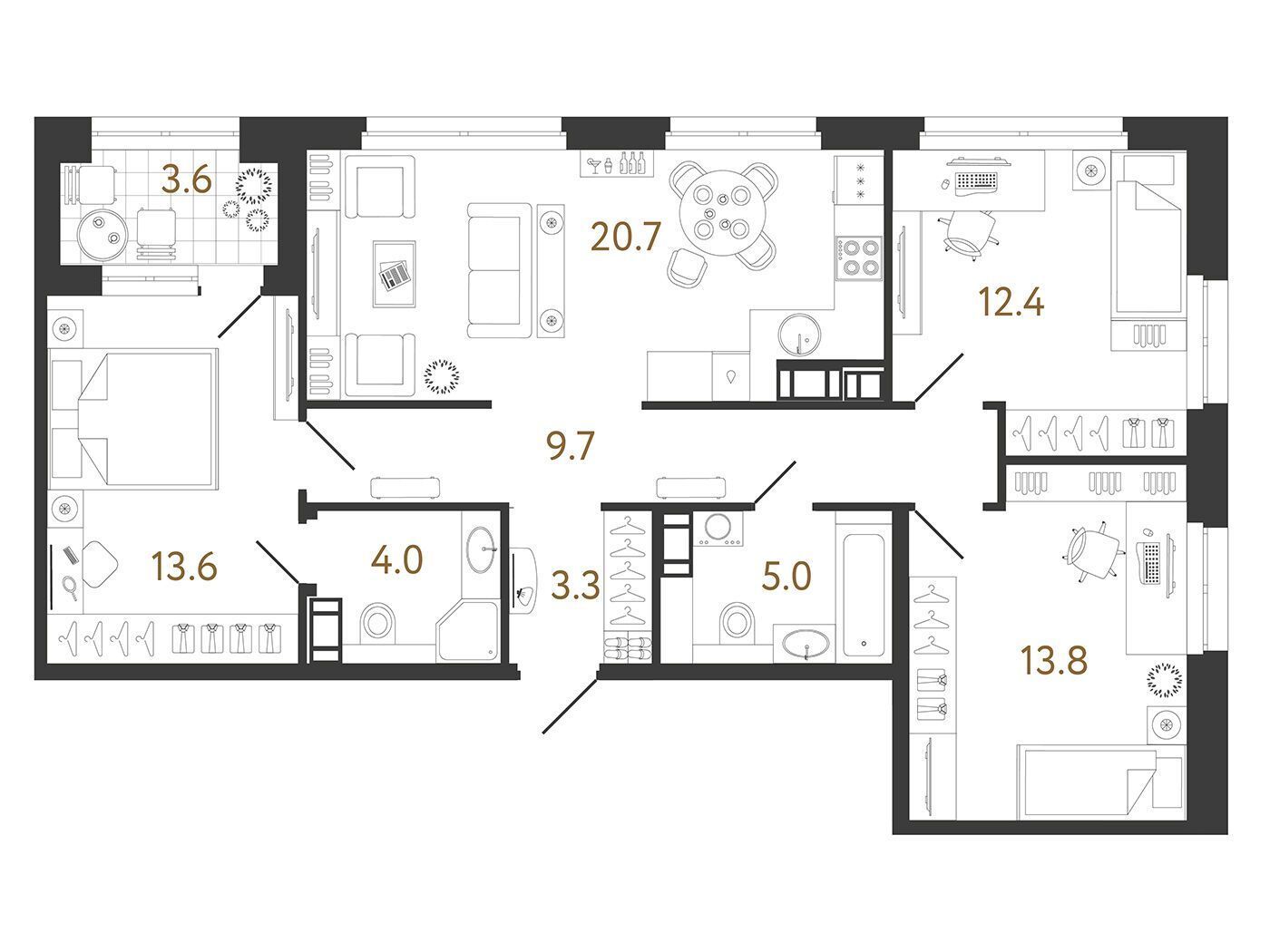 Планировка: 3-комн. квартира 82.30 м² в новостройке Куинджи