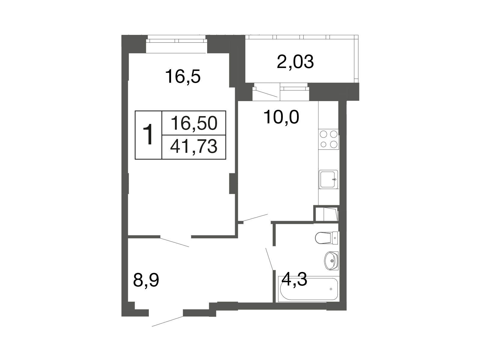 Планировка: 1-комн. квартира 39.60 м² в новостройке Времена года