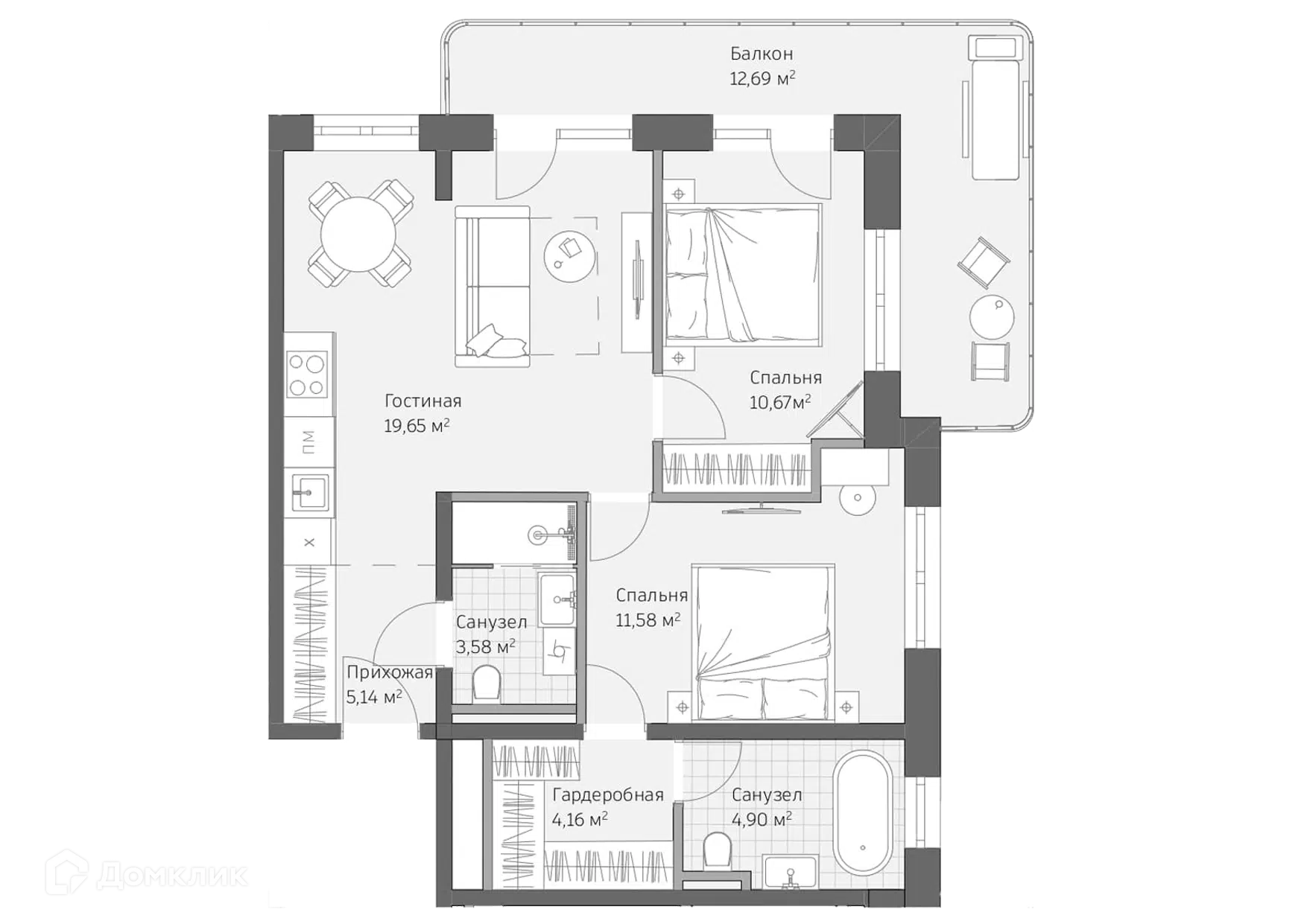 Планировка: 3-комн. квартира 72.37 м² в новостройке Реликт