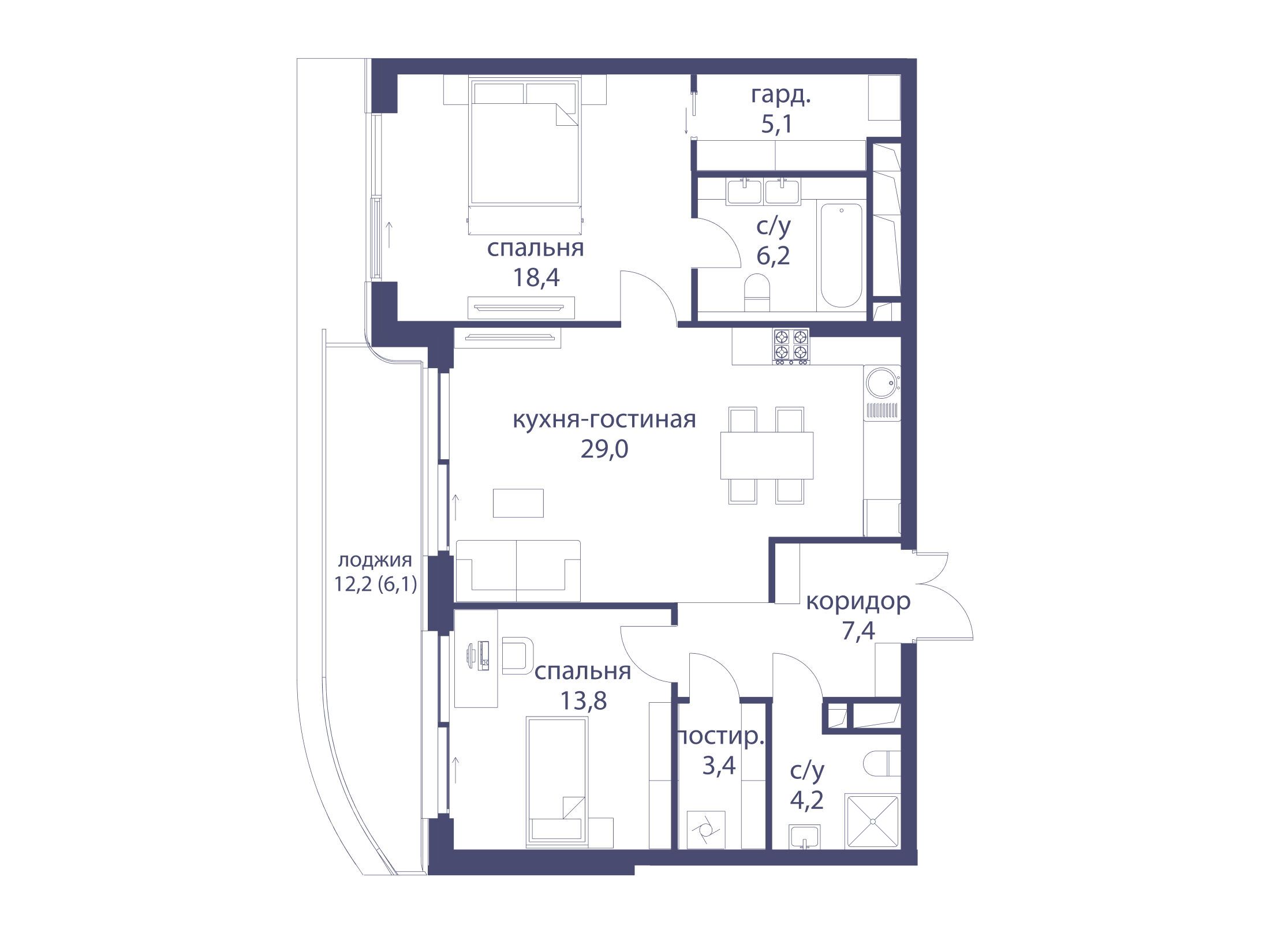 Планировка: 2-комн. квартира 93.60 м² в новостройке Река