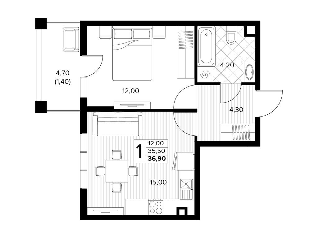 Планировка: 1-комн. квартира 36.90 м² в новостройке ЖК Кипарис