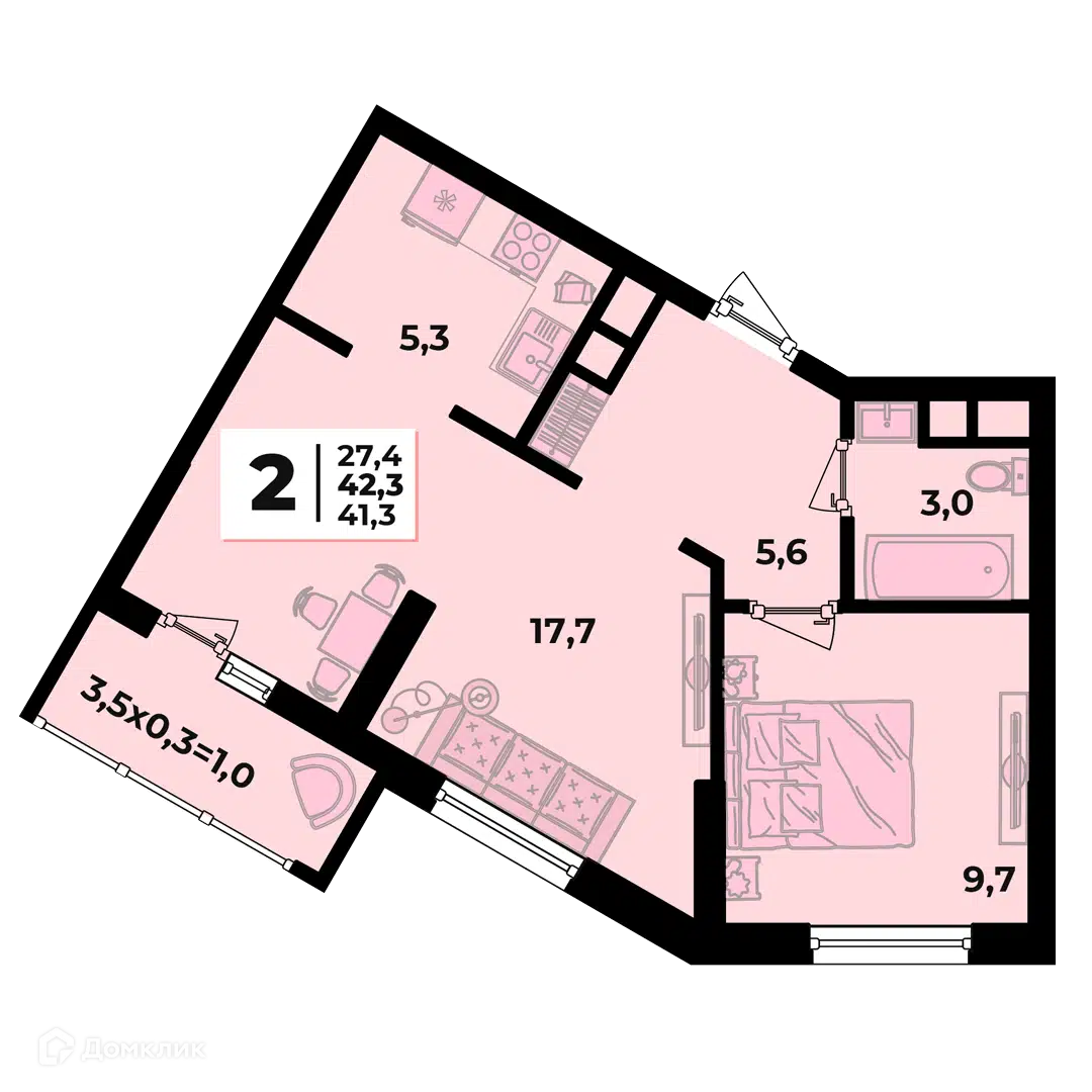 Планировка: 2-комн. квартира 42.30 м² в новостройке Грани