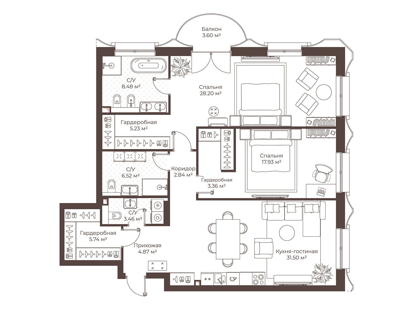 Планировка: 2-комн. квартира 119.21 м² в новостройке Клубный дом Воронцовъ