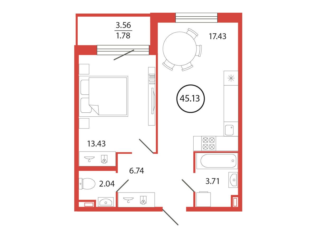 Планировка: 1-комн. квартира 45.13 м² в новостройке Энфилд