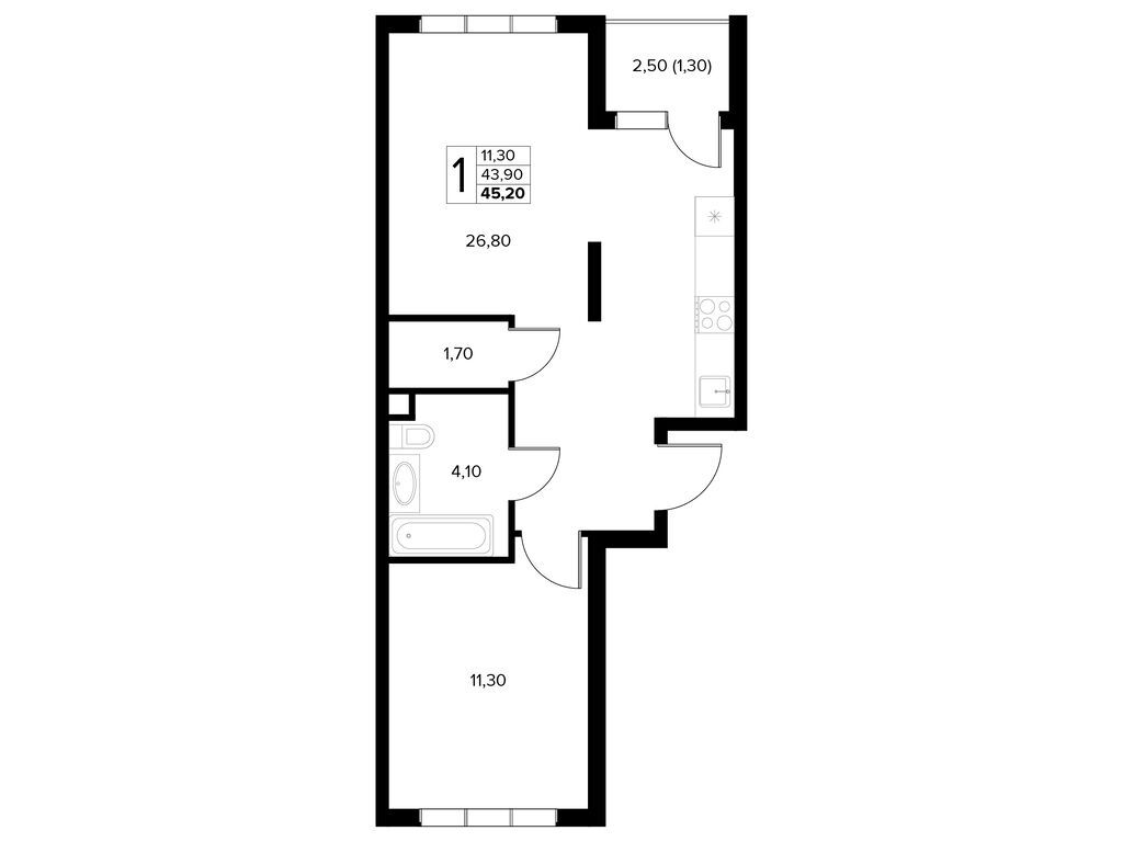 Планировка: 1-комн. квартира 45.20 м² в новостройке Кипарис