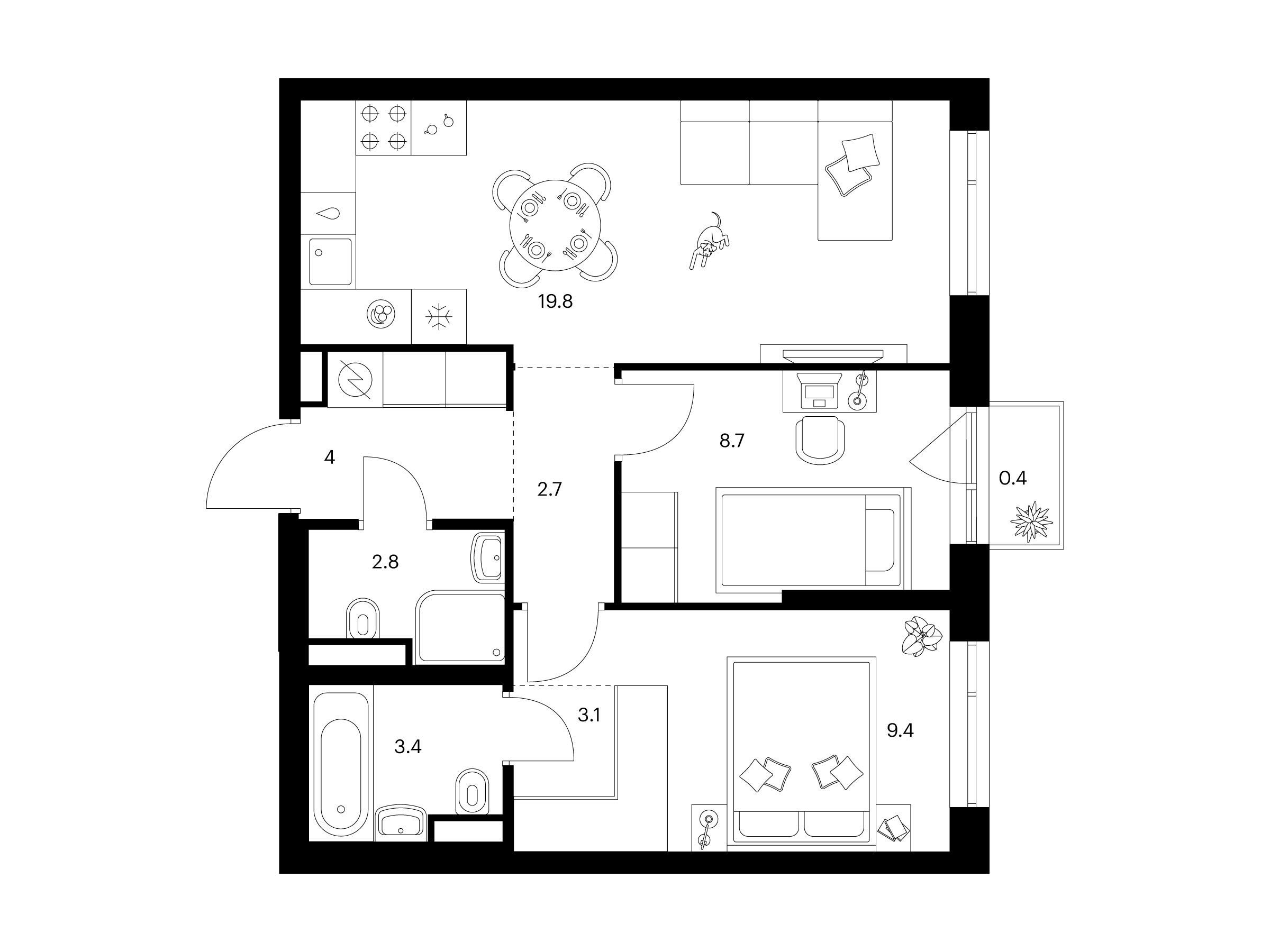 Планировка: 2-комн. квартира 54.30 м² в новостройке Лосиноостровский парк