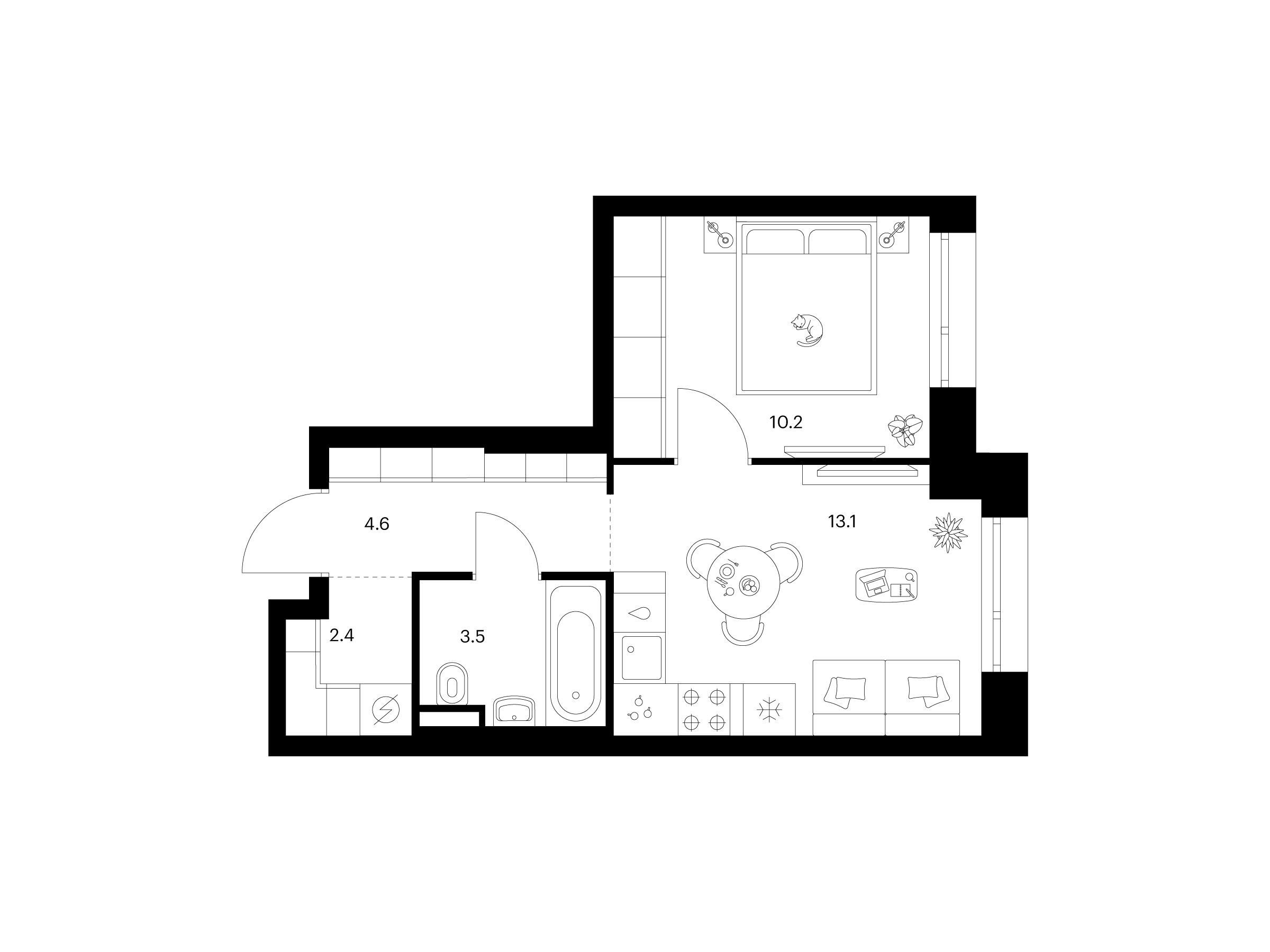 Планировка: 1-комн. квартира 33.80 м² в новостройке Середневский лес