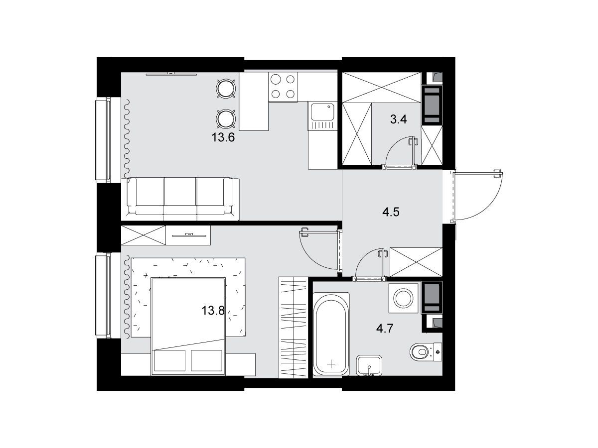 Планировка: 1-комн. квартира 39.10 м² в новостройке Трилогия Кристалл