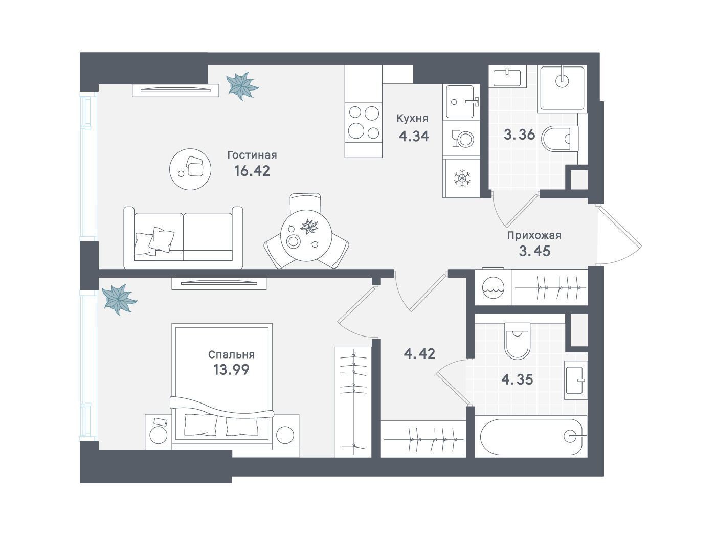 Планировка: 1-комн. квартира 50.60 м² в новостройке ЖК Солос