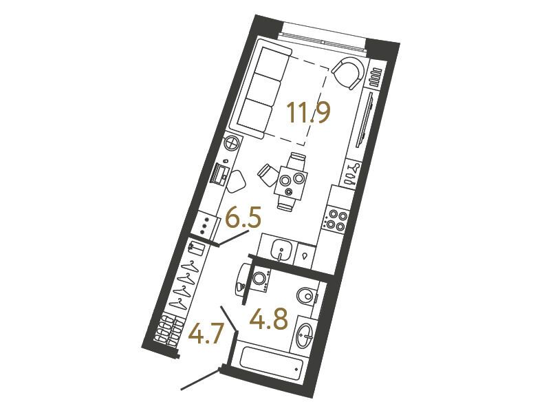 Планировка: Студия 27.90 м² в новостройке Цвет Зеленогорска