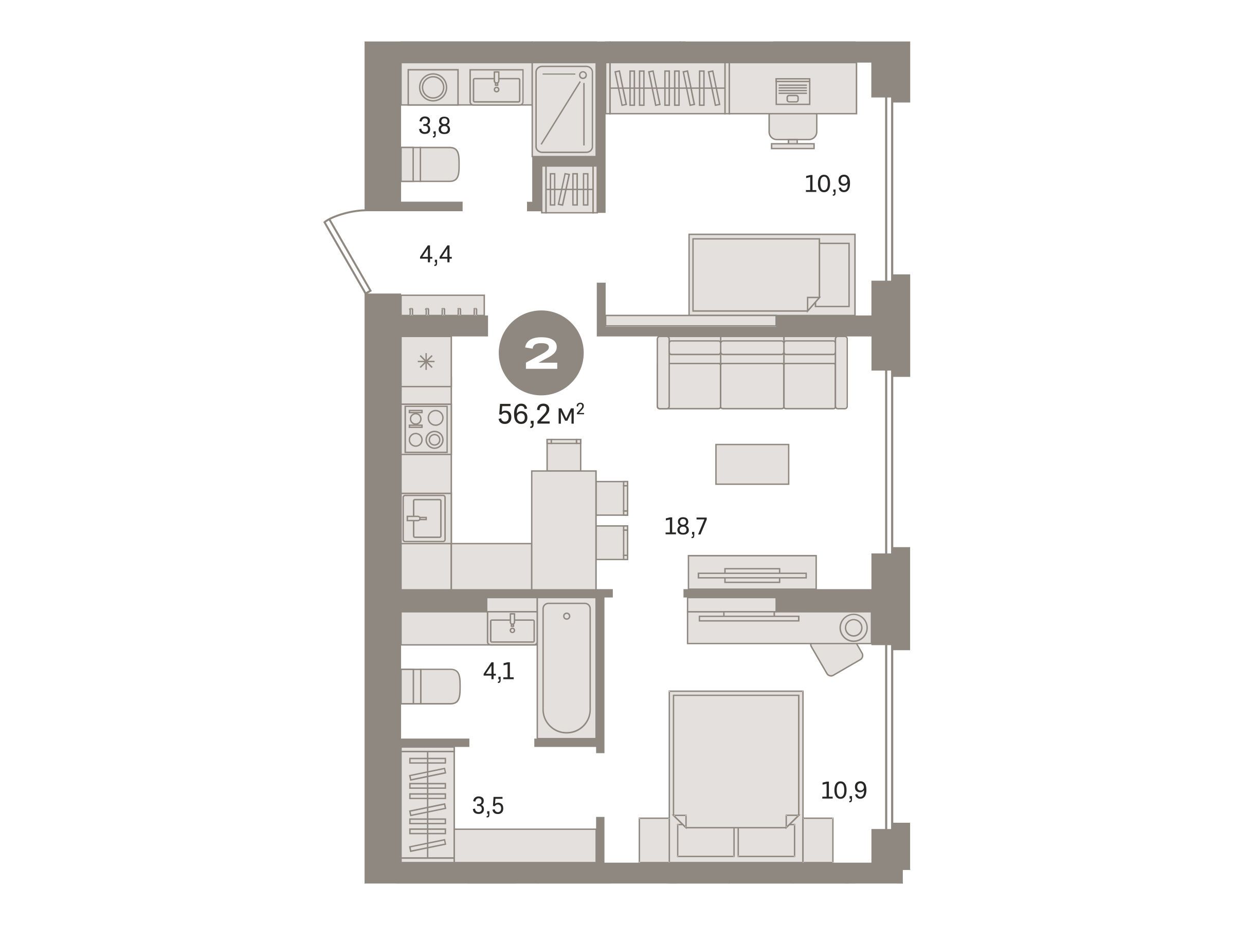 Планировка: 2-комн. квартира 56.20 м² в новостройке Первый квартал