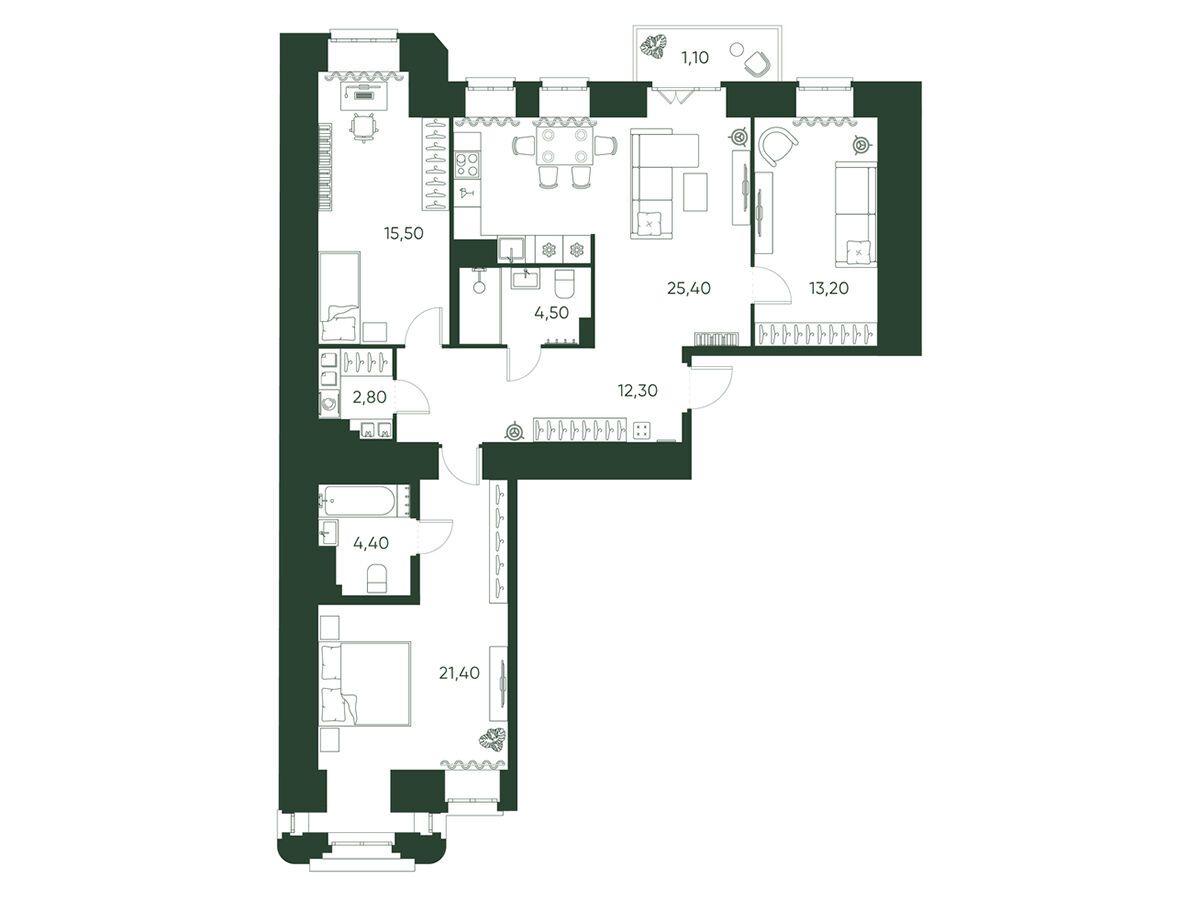 Планировка: 3-комн. квартира 100.60 м² в новостройке Моисеенко 10