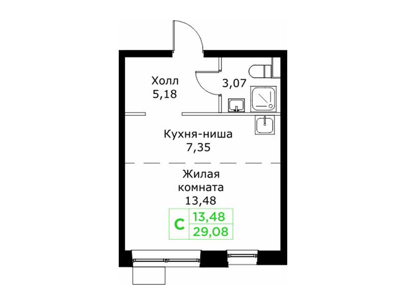 Планировка: Студия 29.08 м² в новостройке Кит 2