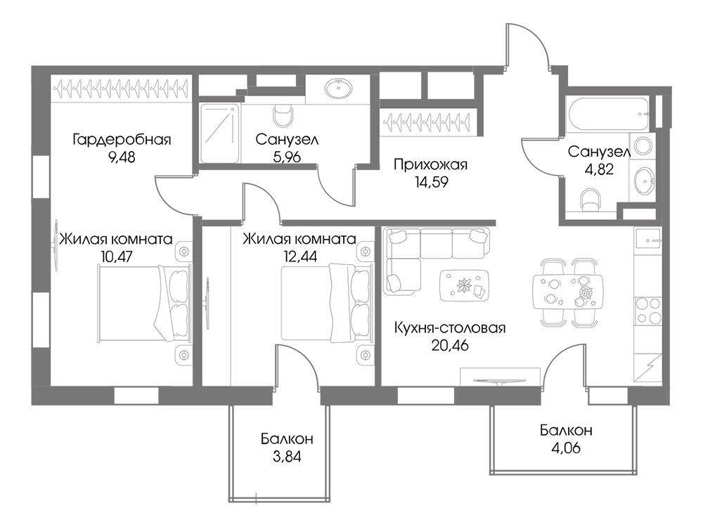 Планировка: 2-комн. квартира 80.59 м² в новостройке Резиденция Рощино