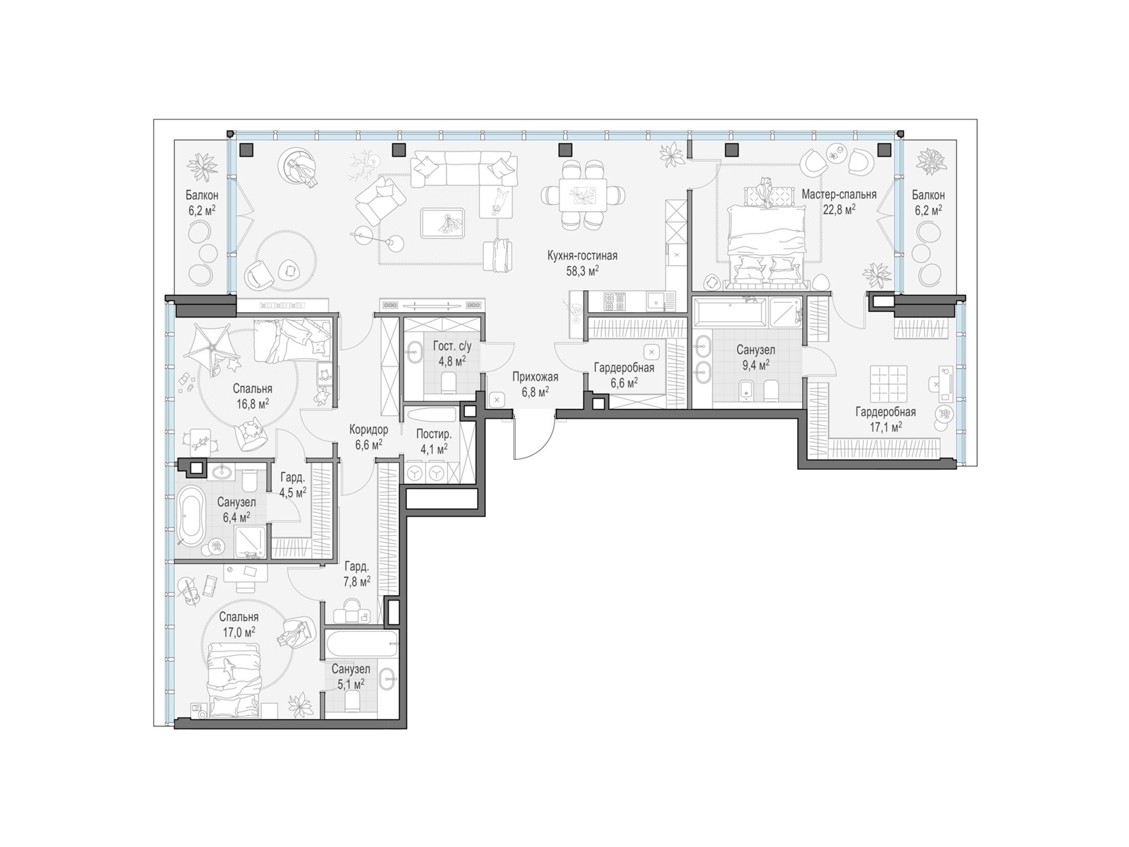 Планировка: 3-комн. квартира 199.20 м² в новостройке Фрунзенский
