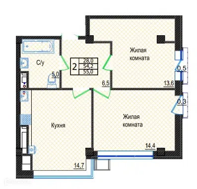 Планировка: 2-комн. квартира 55.00 м² в новостройке Резиденция