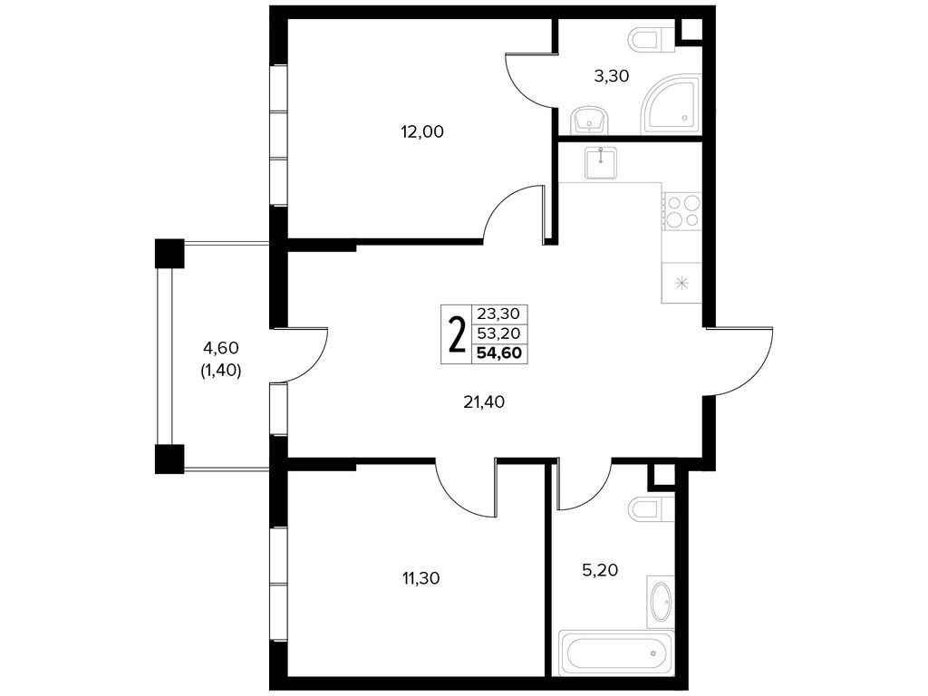 Планировка: 2-комн. квартира 54.60 м² в новостройке Кипарис
