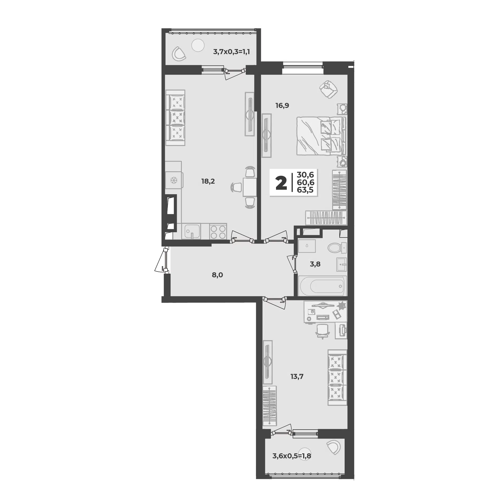 Планировка: 2-комн. квартира 63.50 м² в новостройке ЖК Лето