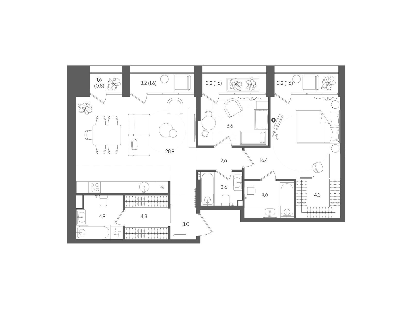 Планировка: 2-комн. квартира 87.30 м² в новостройке Стоун Райз
