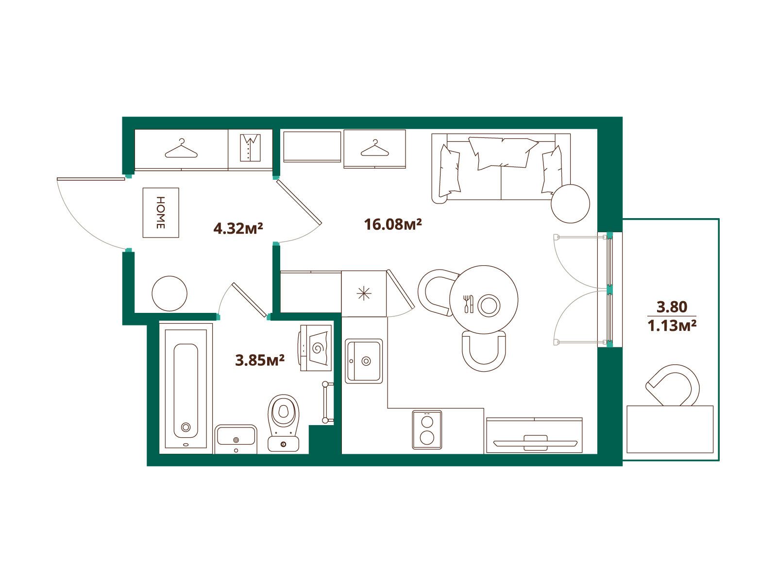 Планировка: Студия 25.38 м² в новостройке ЛесАрт