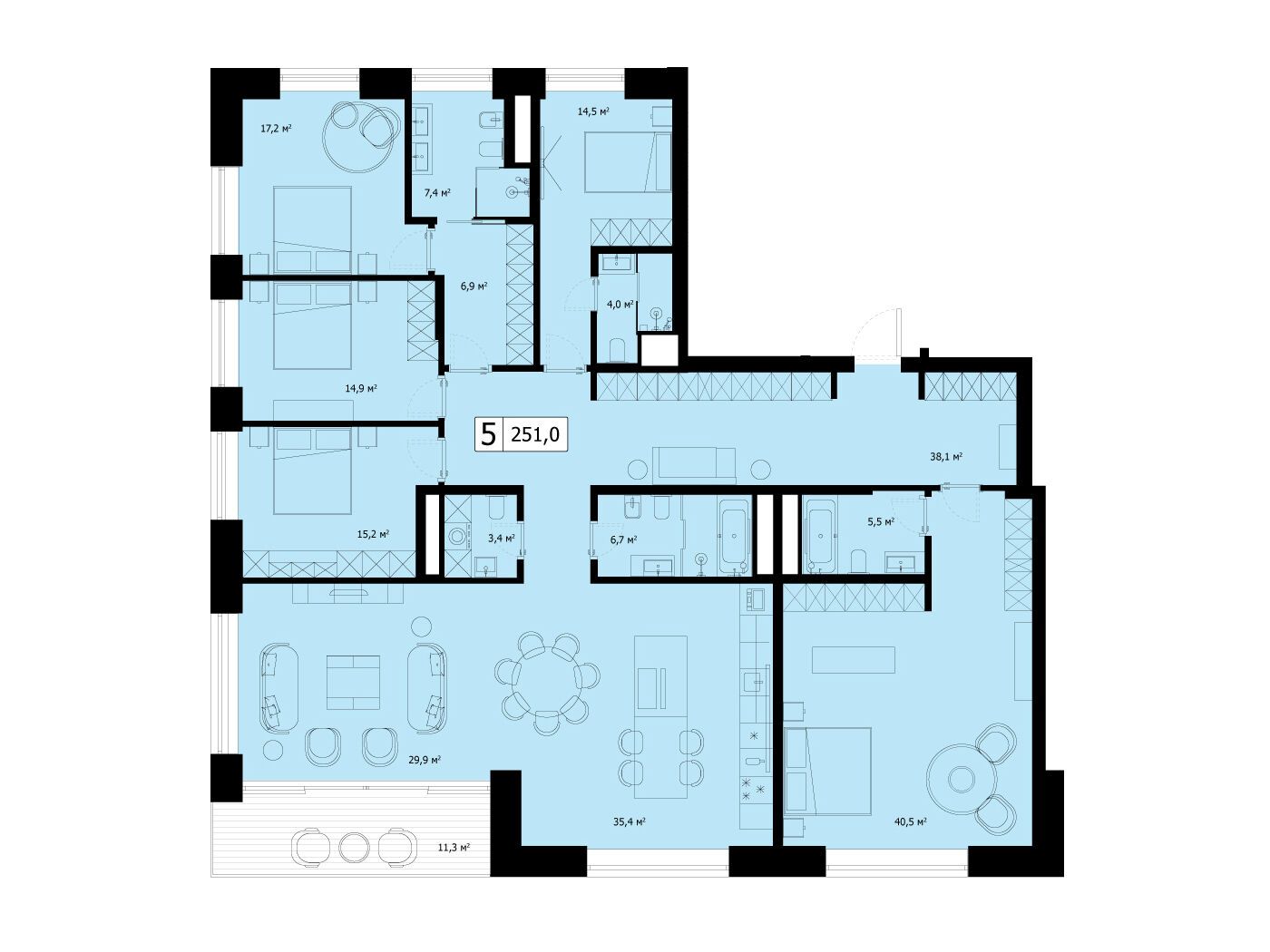 Планировка: 5-комн. квартира 250.00 м² в новостройке Вудс