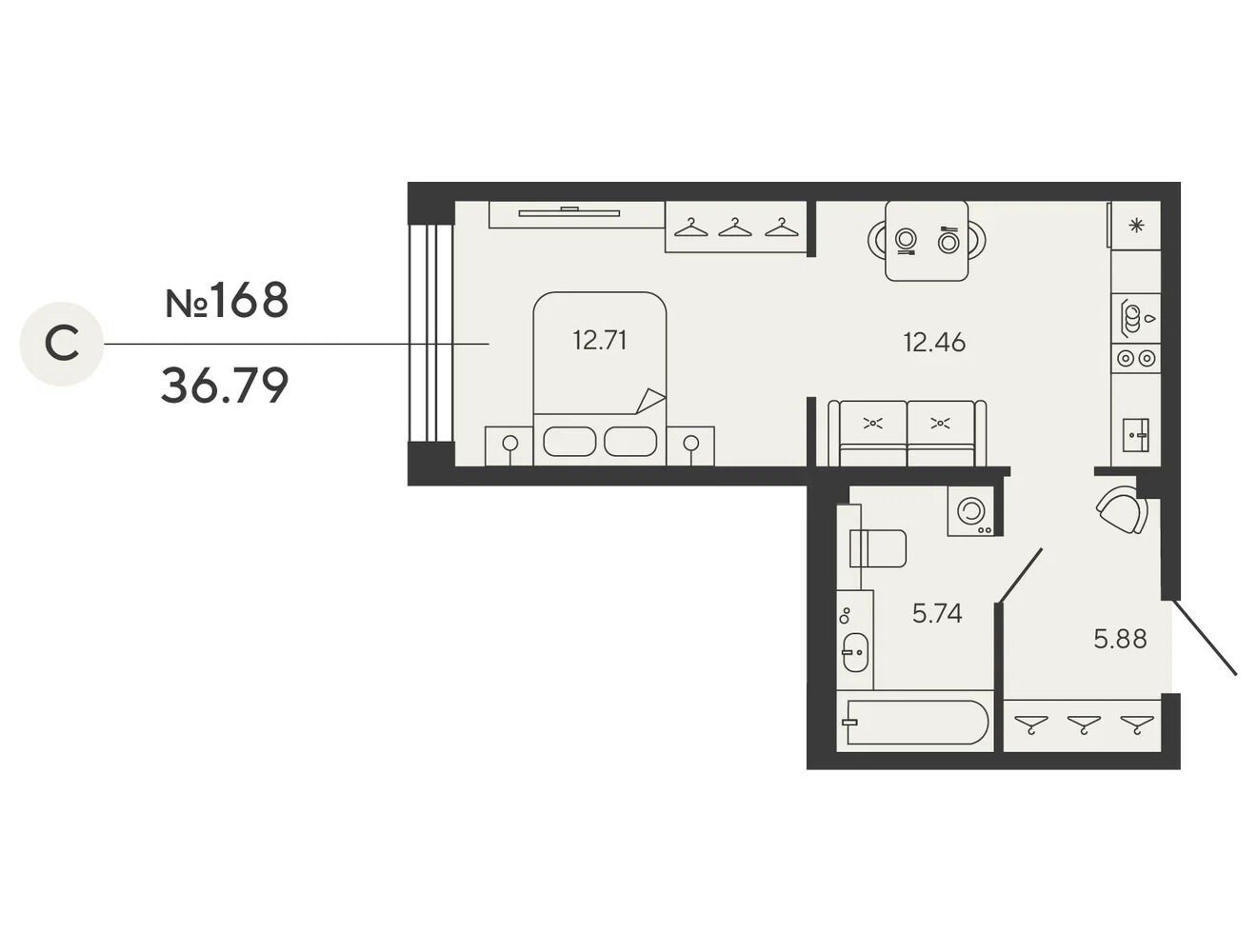 Планировка: 1-комн. квартира 36.79 м² в новостройке Башни Элемент
