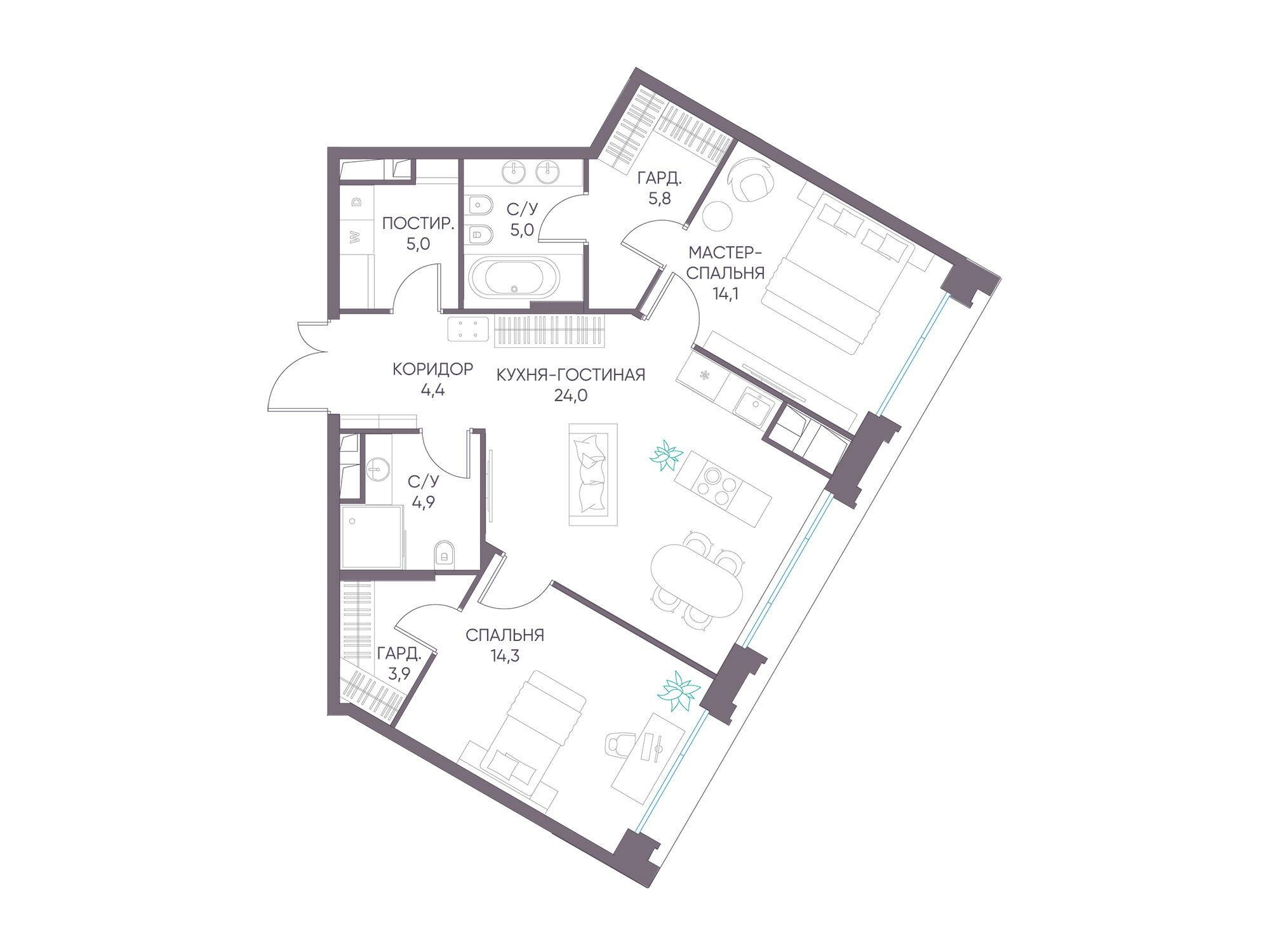 Планировка: 2-комн. квартира 81.40 м² в новостройке Дом XXII