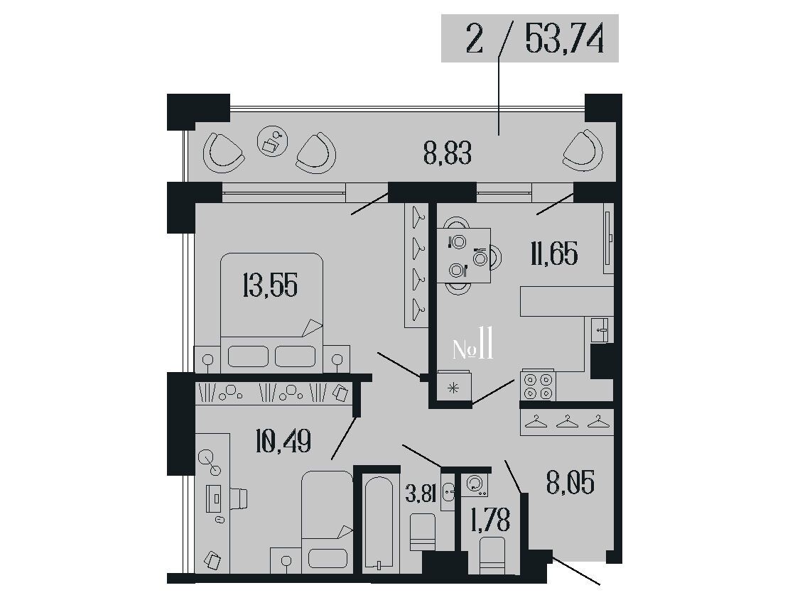 Планировка: 2-комн. квартира 53.75 м² в новостройке Дом 1919
