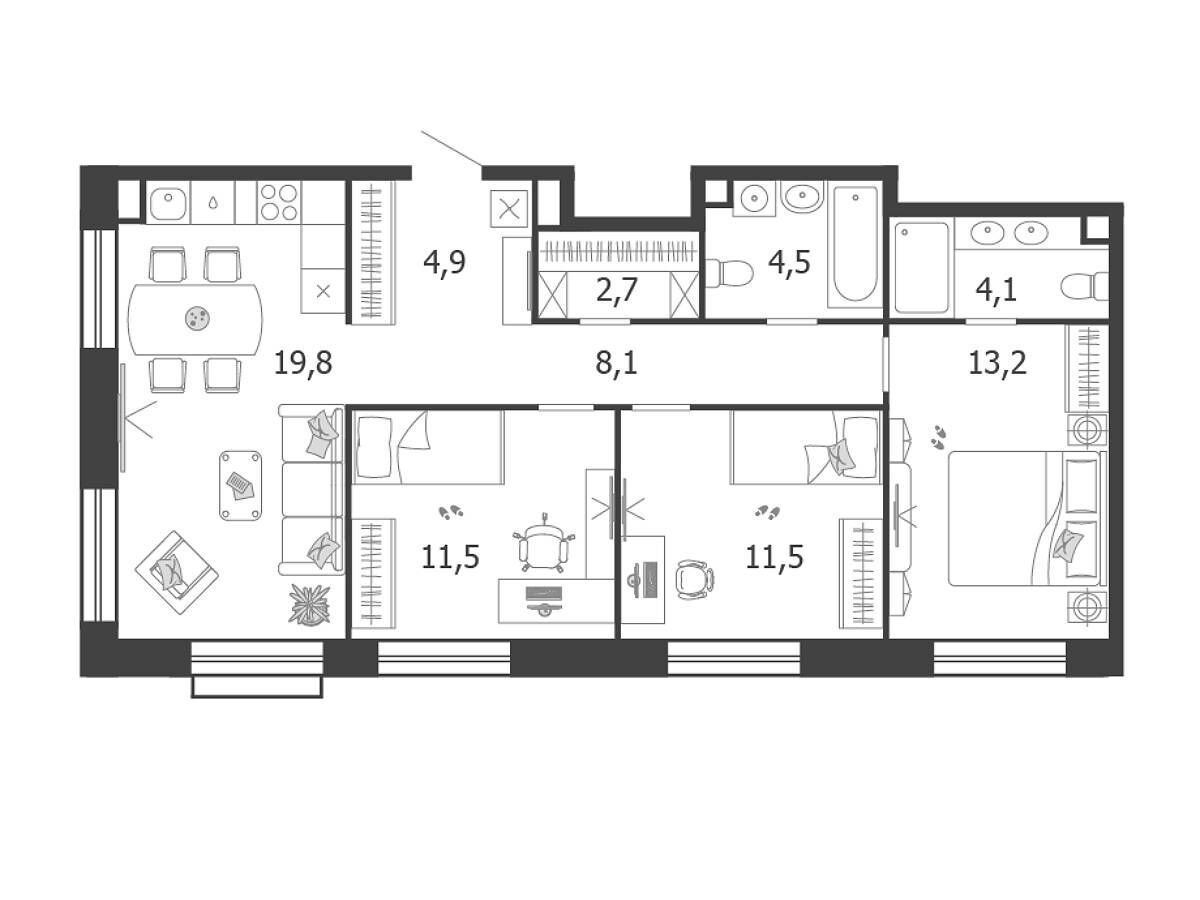 Планировка: 3-комн. квартира 80.00 м² в новостройке Шагал