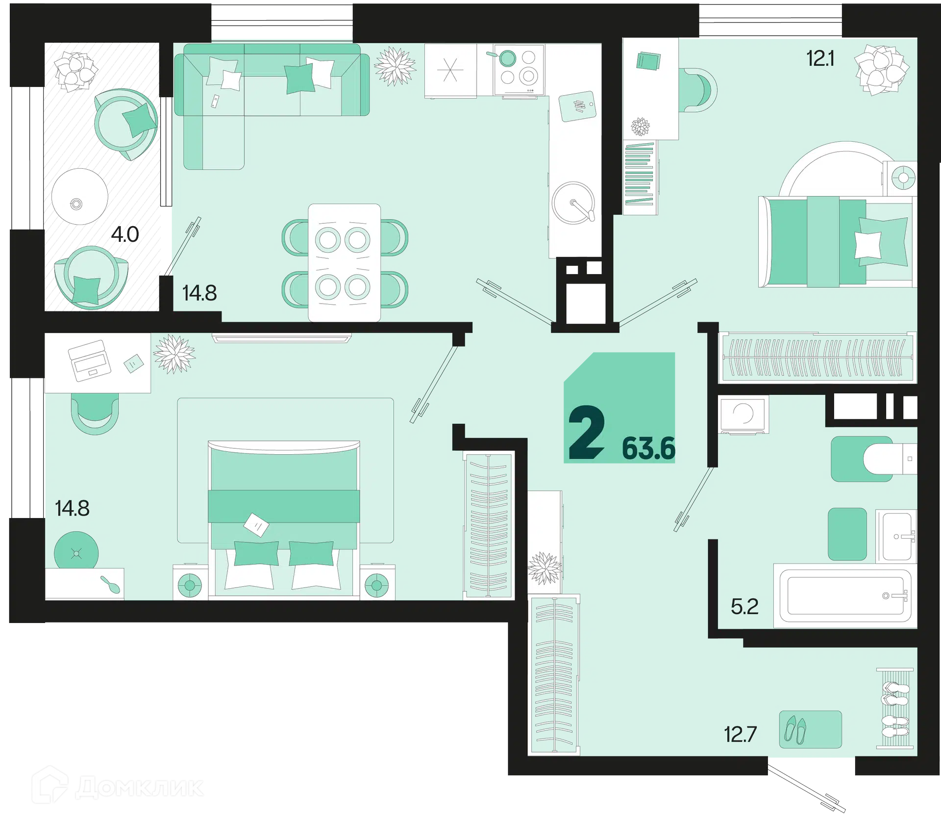 Планировка: 2-комн. квартира 63.60 м² в новостройке Первое место
