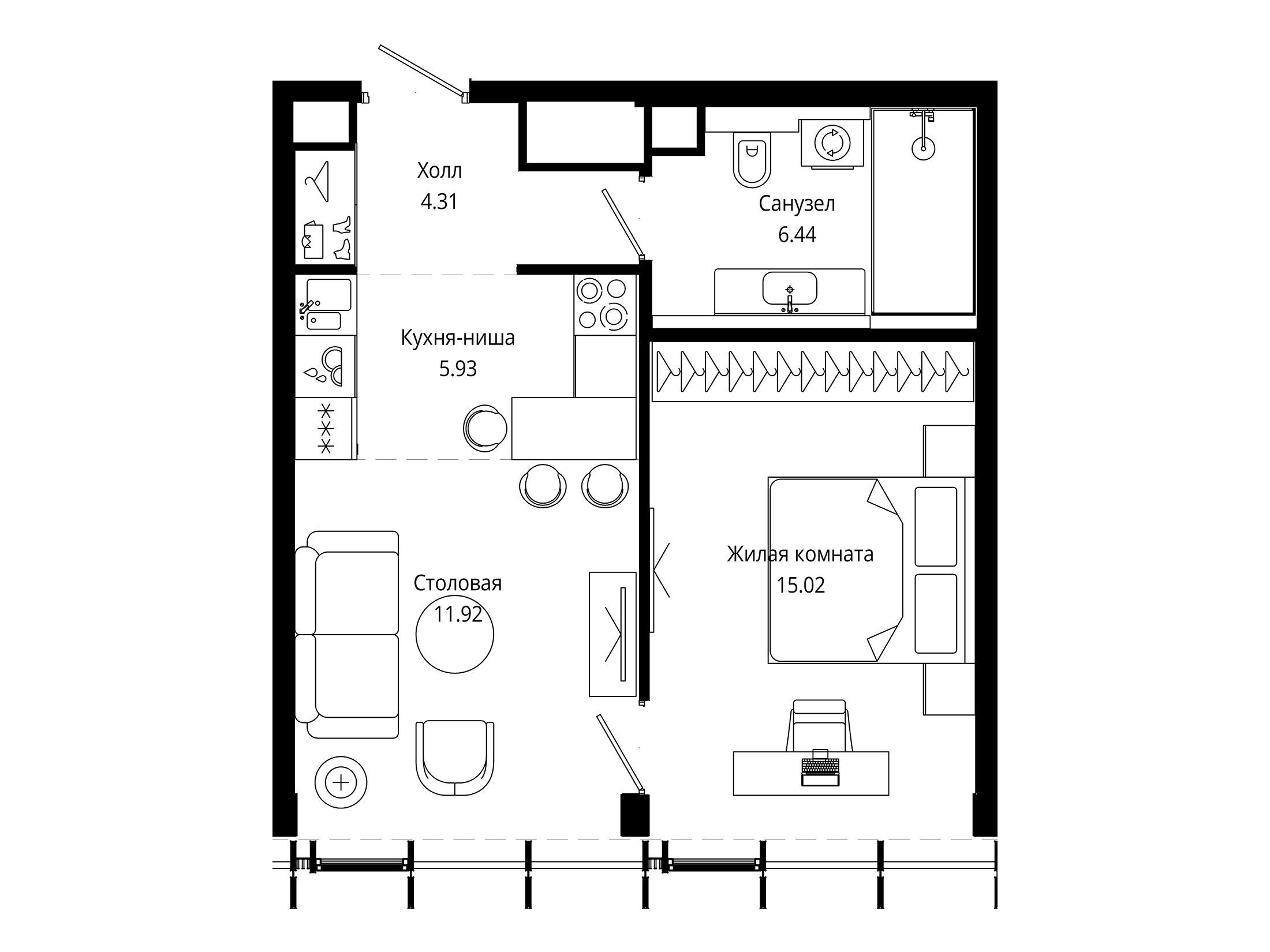 Планировка: 1-комн. квартира 43.90 м² в новостройке ЖК Мод