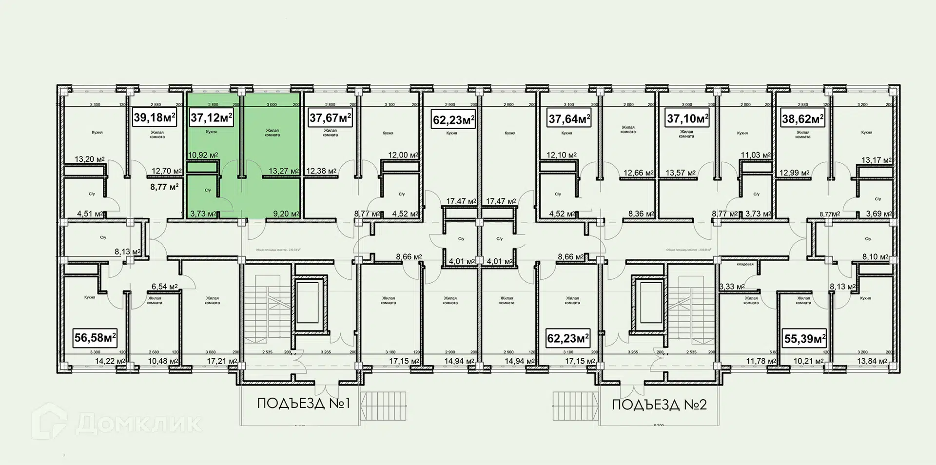 Планировка: 1-комн. квартира 37.12 м² в новостройке Николаевский Ессентуки