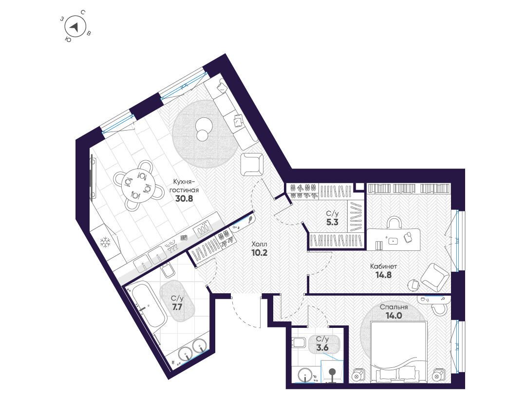Планировка: 2-комн. квартира 86.40 м² в новостройке ЛДМ