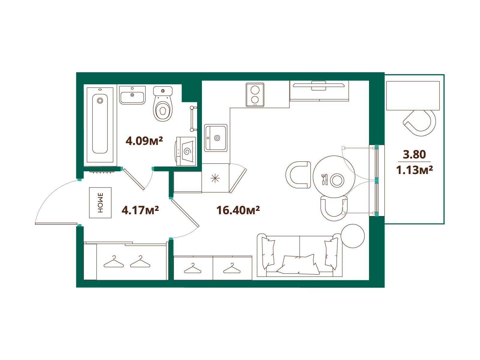 Планировка: Студия 25.79 м² в новостройке ЛесАрт