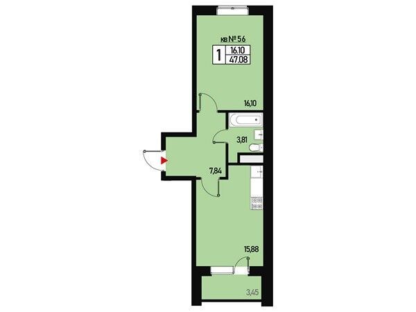 Планировка: 1-комн. квартира 44.00 м² в новостройке Борисоглебское