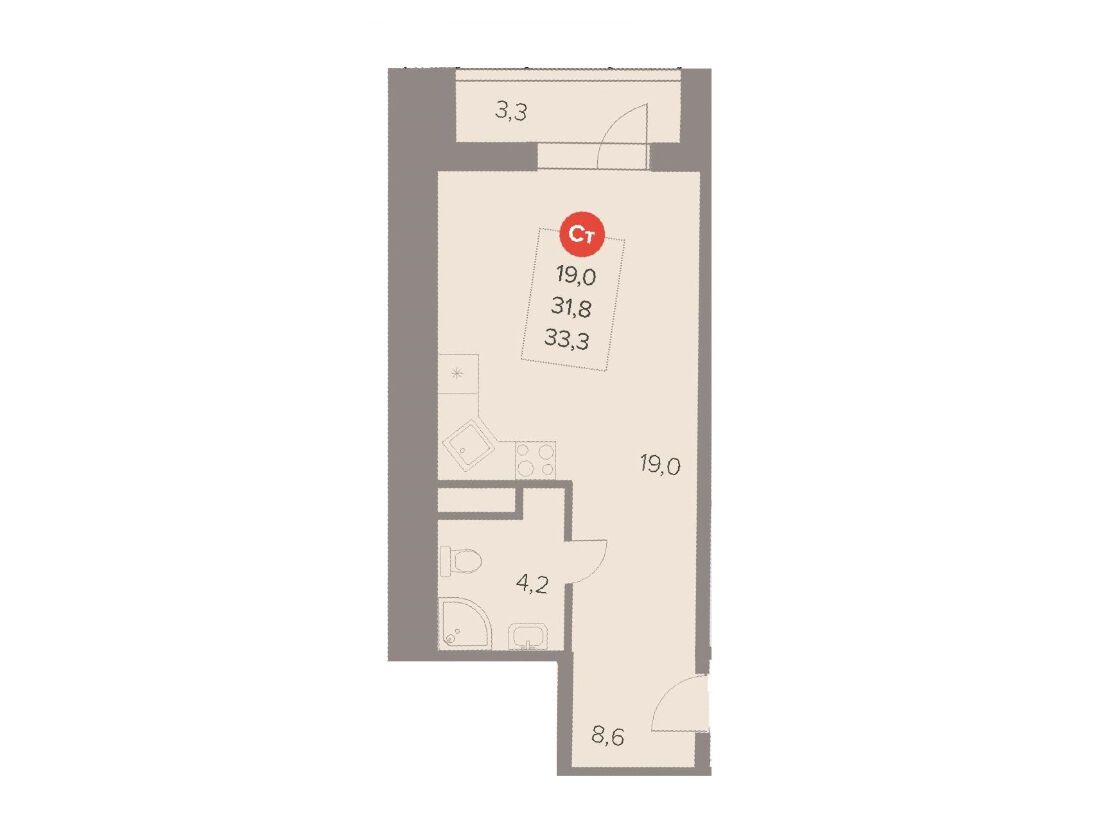 Планировка: Студия 33.30 м² в новостройке Отлично