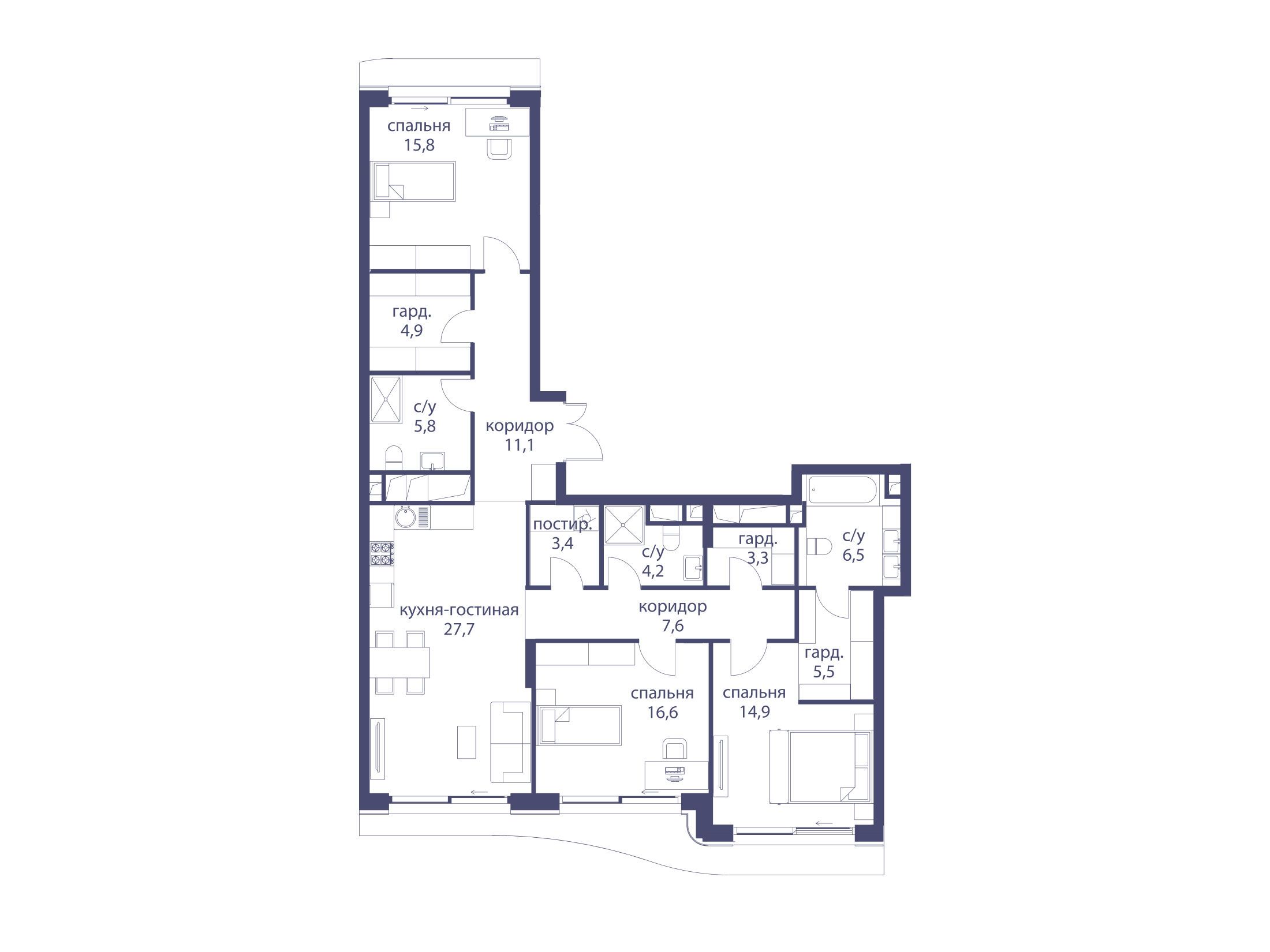 Планировка: 3-комн. квартира 127.60 м² в новостройке Река