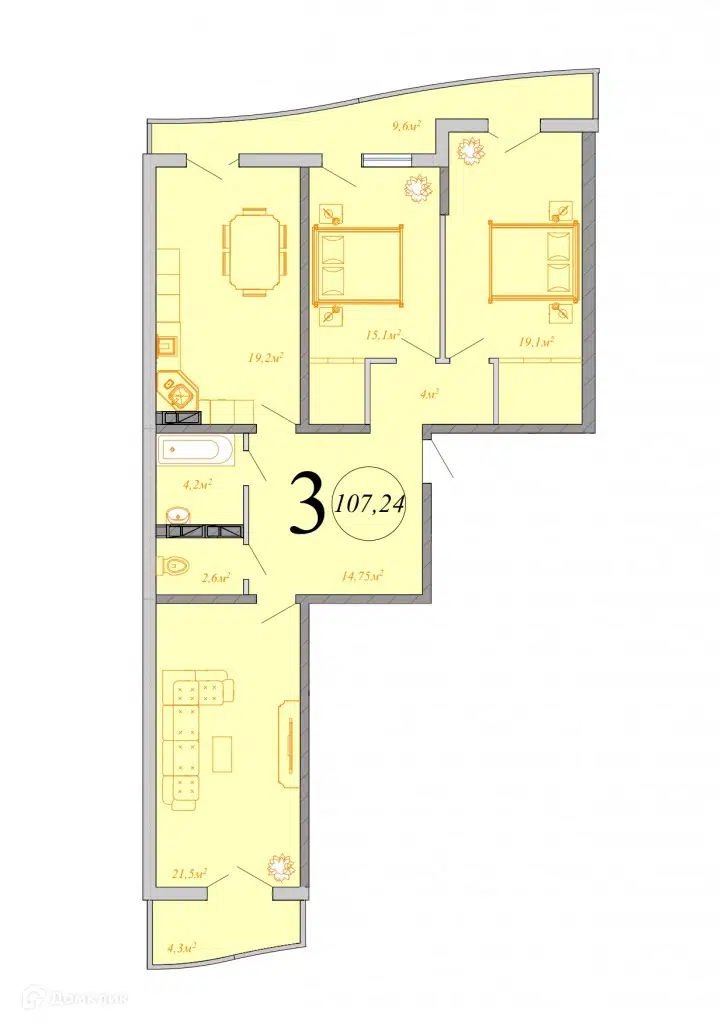 Планировка: 3-комн. квартира 107.24 м² в новостройке Радонеж