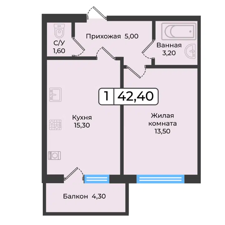 Планировка: 1-комн. квартира 42.40 м² в новостройке Европейский 5