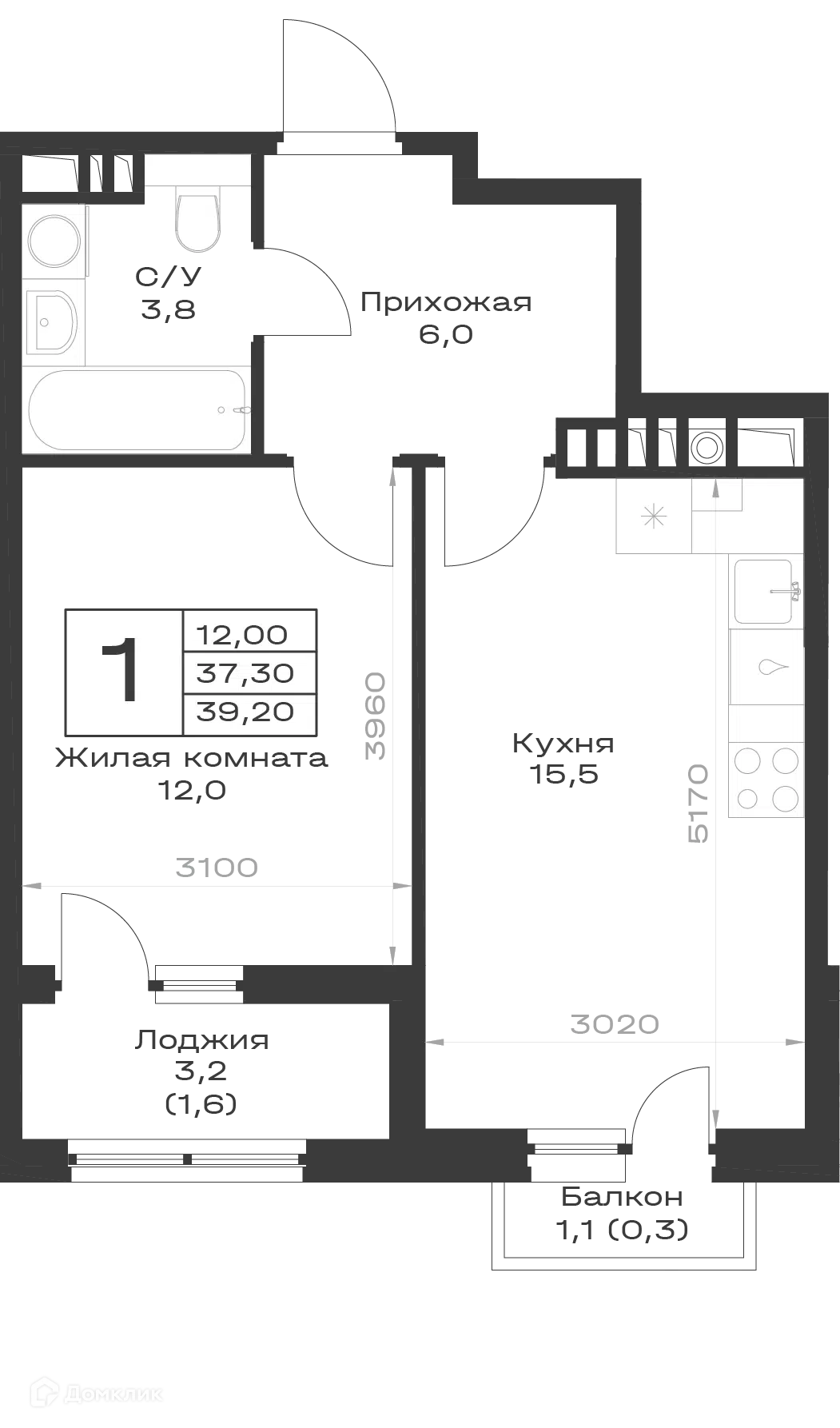 Планировка: 1-комн. квартира 38.70 м² в новостройке Экосфера