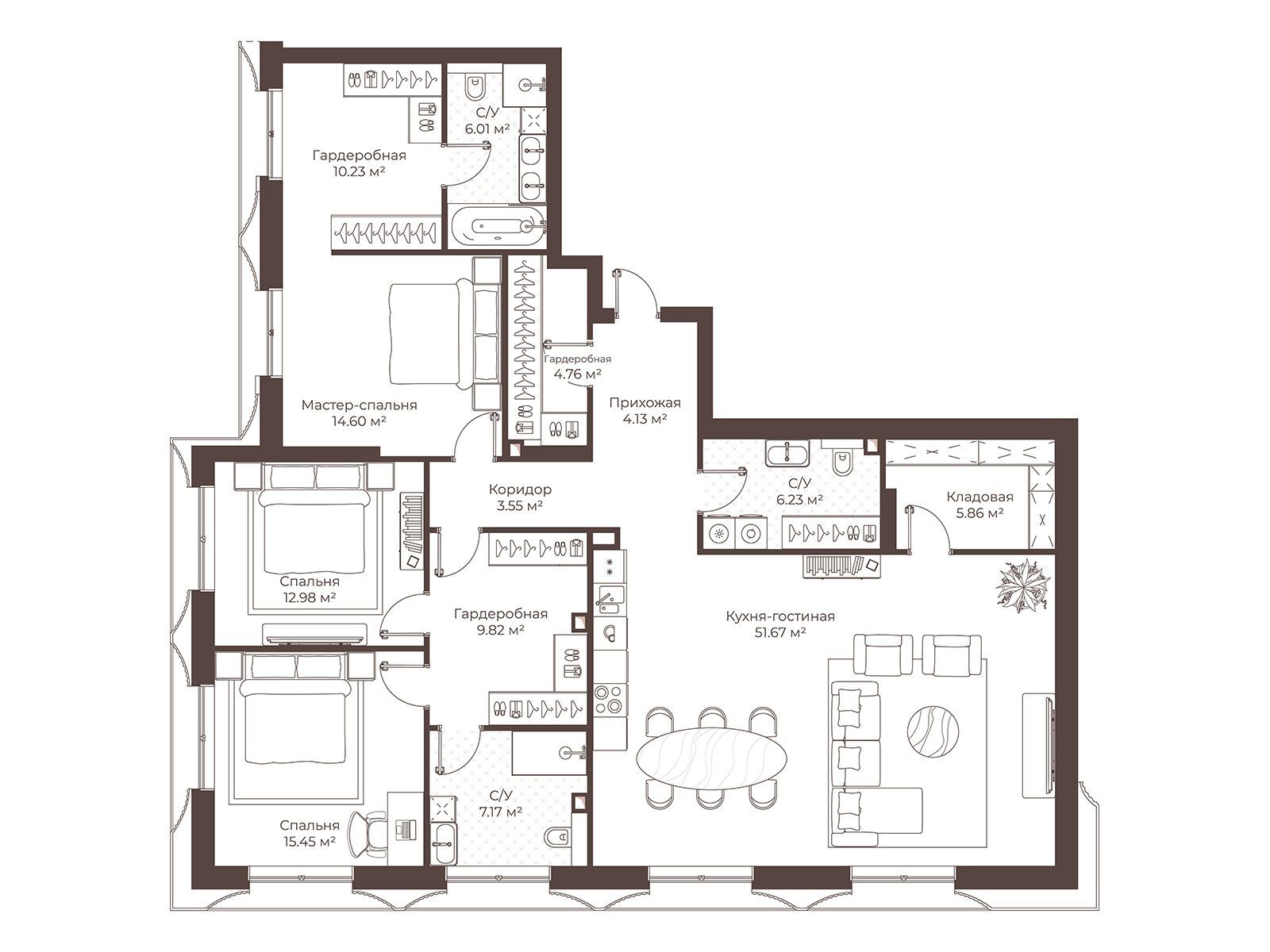Планировка: 3-комн. квартира 152.46 м² в новостройке Клубный дом Воронцовъ