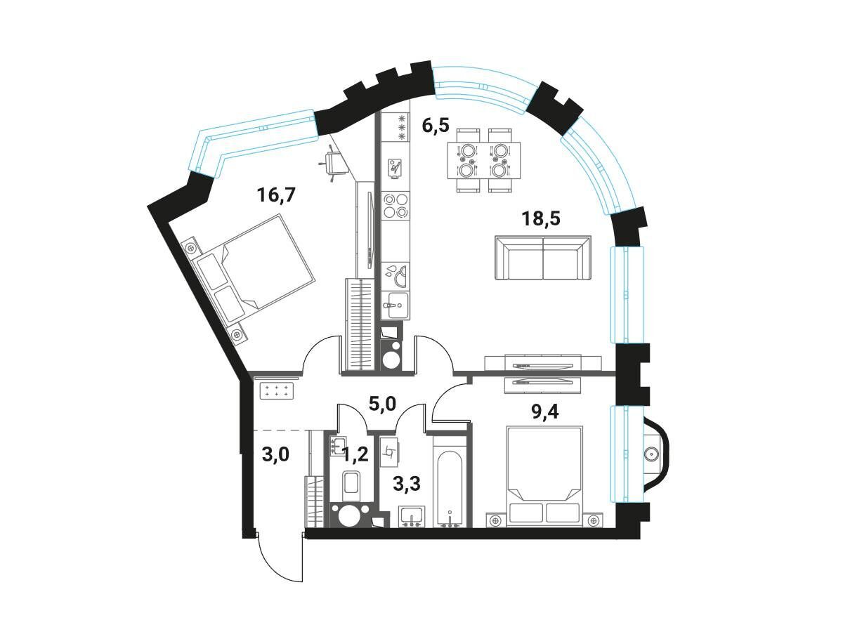 Планировка: 3-комн. квартира 63.60 м² в новостройке ЖК Интеллигент