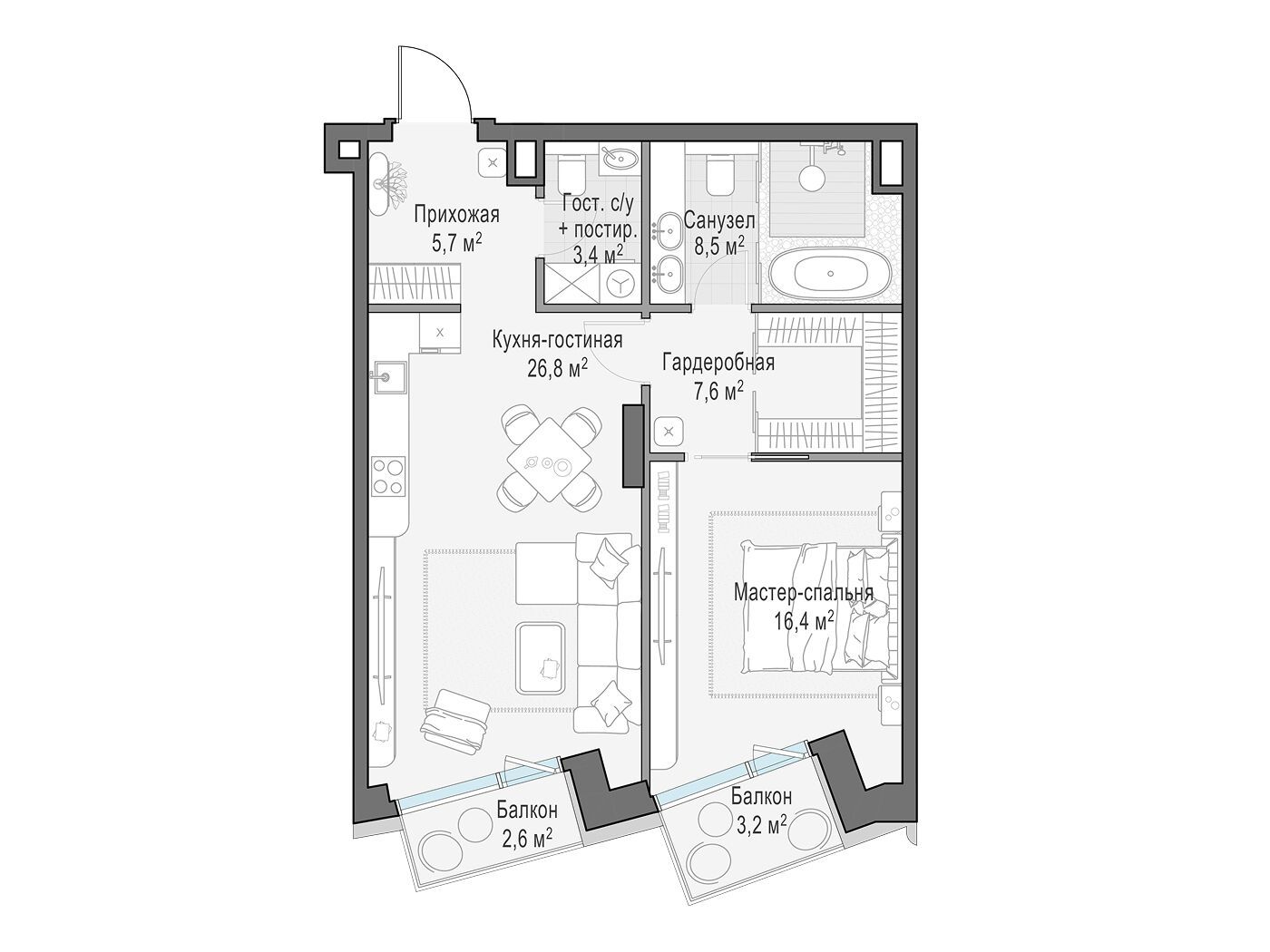 Планировка: 1-комн. квартира 71.10 м² в новостройке Палашёвский 11