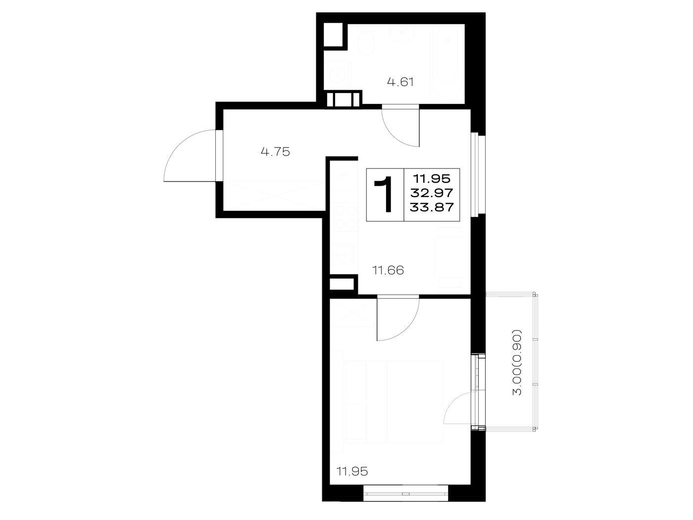 Планировка: 1-комн. квартира 33.87 м² в новостройке Борский