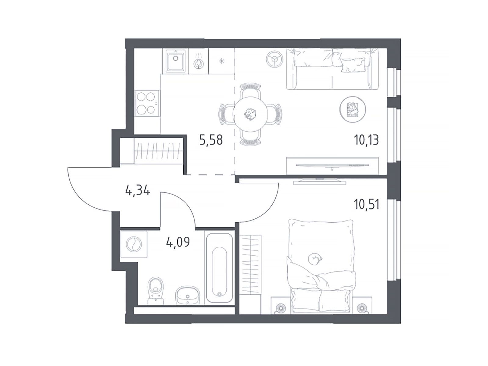 Планировка: 1-комн. квартира 34.65 м² в новостройке Горки Парк