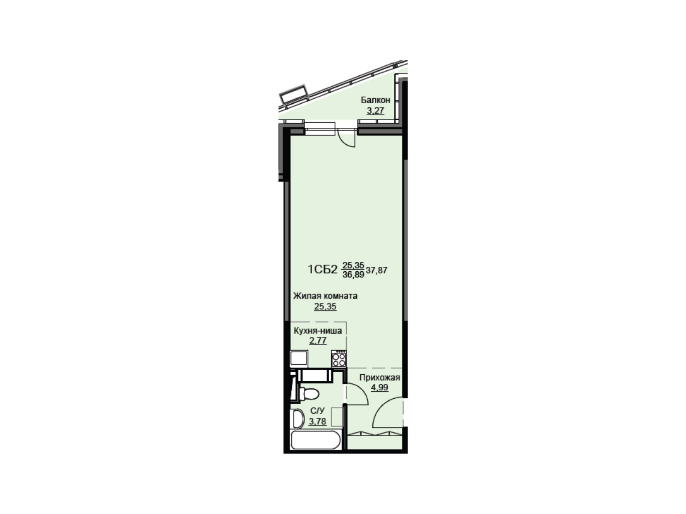 Планировка: Студия 38.30 м² в новостройке Соболевка