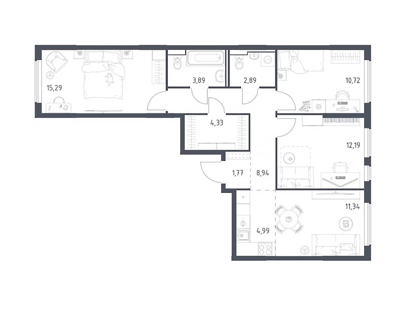Планировка: 3-комн. квартира 76.35 м² в новостройке Горки Парк