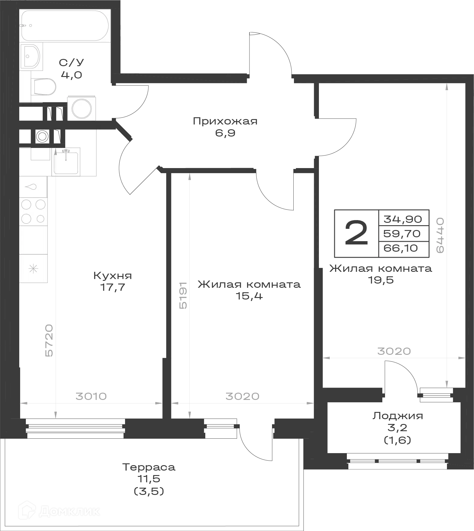 Планировка: 2-комн. квартира 69.60 м² в новостройке Экосфера